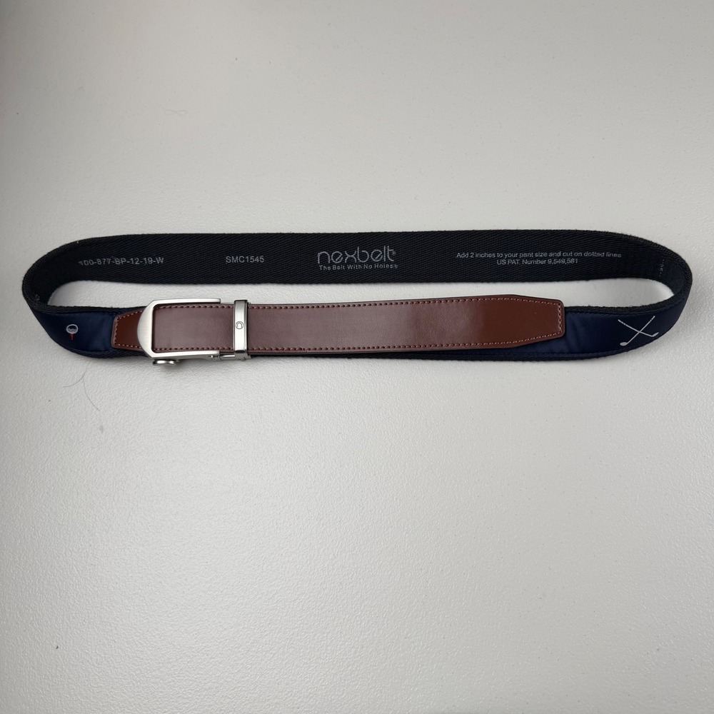 Nexbelt Mens Golf Belt Navy Blue Brown Leather Canvas Ratchet No Holes SMC1546